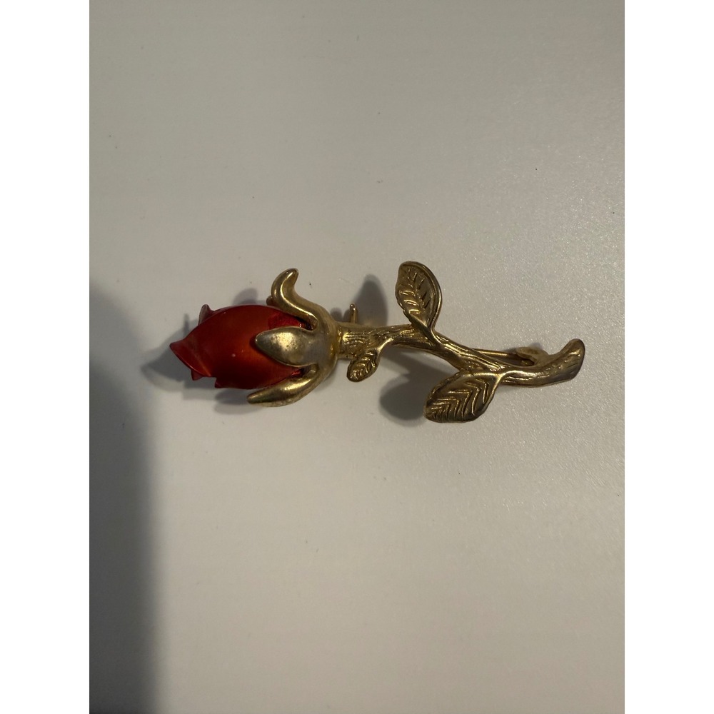 Vintage Red‎ Rose Bud Brooch Gold Tone Floral Pin Romantic Jewelry 2 Inch